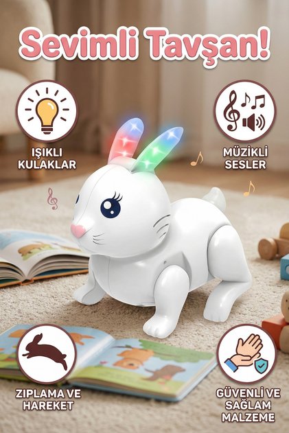 Işıklı Müzikli Zıplayan Tavşan Oyuncak - Pilli Hareketli Sesli Çocuk Bebek Oyuncağı