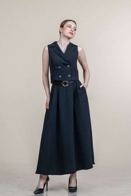 Women's Summer Anthracite Trendy Short Vest and Belted Skirt Set Stylish Daily Comfortable Two-Piece 1306