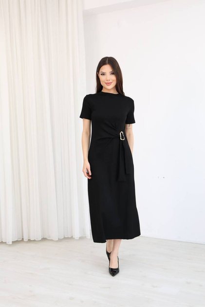 Women's Modal Fabric Waist Buckle Detailed Midi Dress Stylish Casual Office Dress