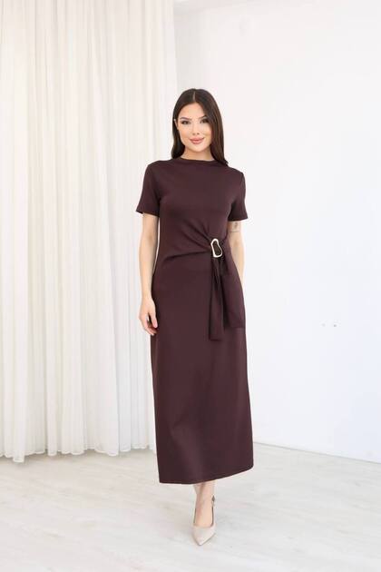 Women's Modal Fabric Waist Buckle Detailed Midi Dress Stylish Casual Office Dress