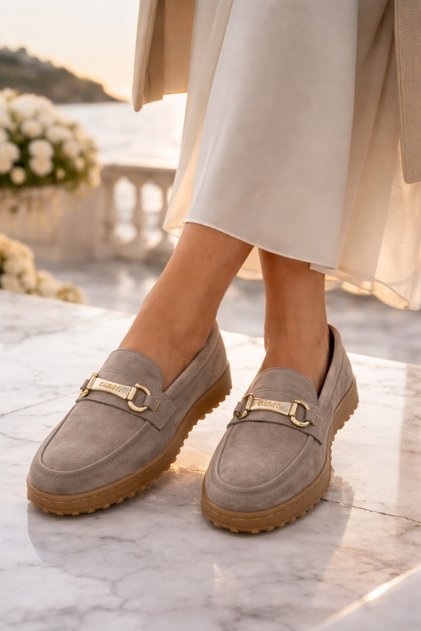 Mink Suede Women's Loafer Shoes – Gold Buckle Detail, Casual, Stylish and Comfortable Flats