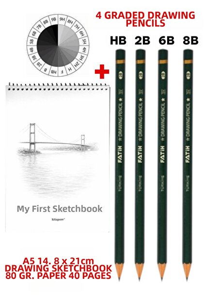 My First Sketch Set Hb 2B 6B 8B 4Pcs Graded Drawing Pencil and A5 Notebook