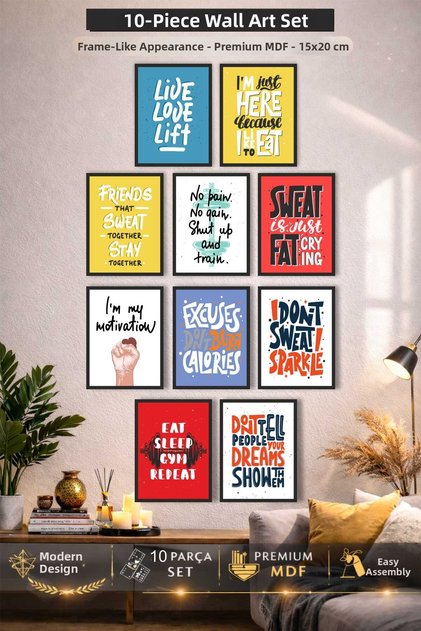 Motivational Sports Themed Wall Painting Set of 10 – Decorative Frame with Fitness Texts