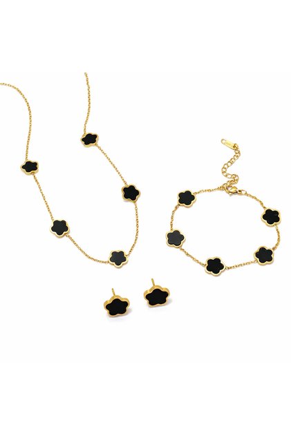 Set de colier, cercei și brățară, culoare aurie, cu pandantive cu flori negre, Nickie C15
