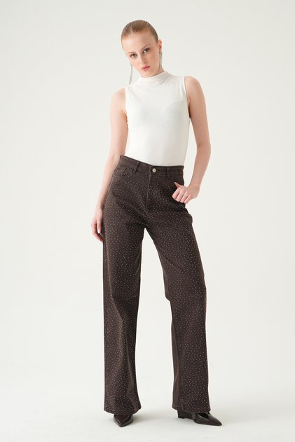 Kahve Taşlı Geniş Paça Jean 4910