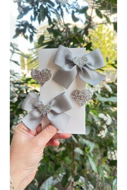Glitter Silver Color Heart Ribbon Bow Metal Clip Buckle Set (2 Bows 2 Hearts)