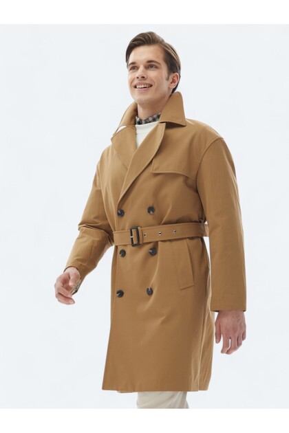 Kazu Kip Deve Tüyü Oversize Fit Kruvaze Yaka Casual Dokuma Pardesü