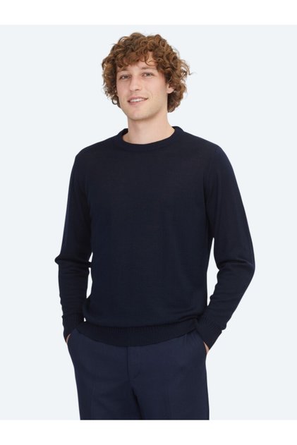 Navy blue bicycle collar jacquard wool blend knit sweater