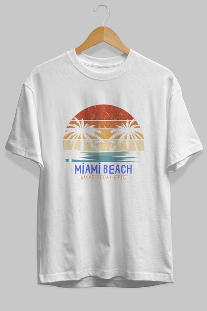 Miami Beach Printed Front White Oversize T-shirt Men's Women's Crew Neck