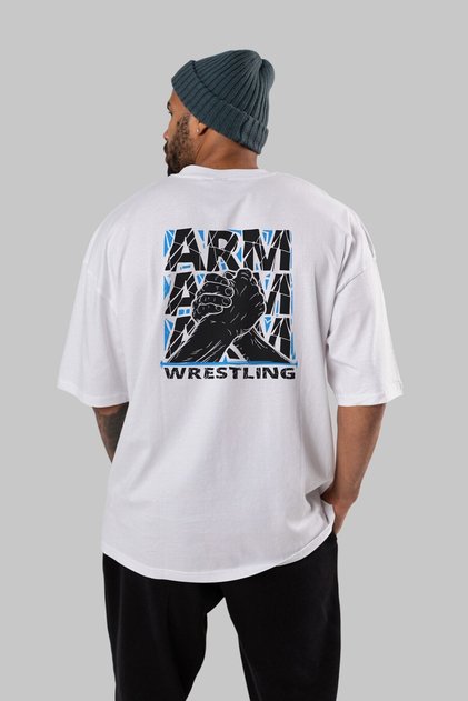 Arm Wrestling Back Printed White Oversize T-shirt Unisex Men's Women's Crew Neck