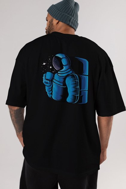 Drinking Coffee Back Printed Black Oversize T-shirt Unisex Men's Women's Crew Neck