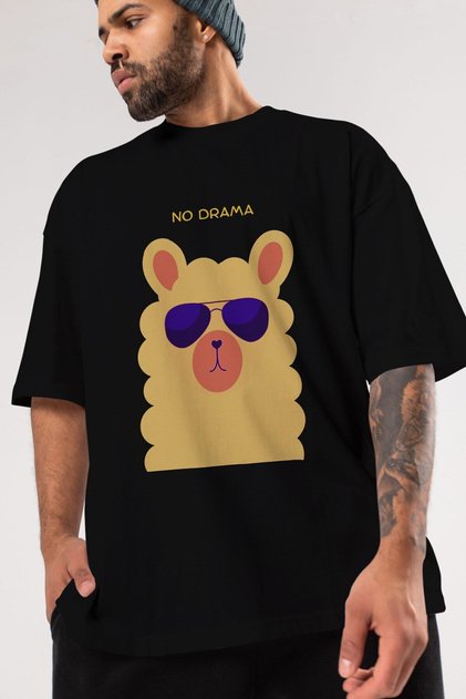 No Drama Written Llama Front Printed Black Oversize T-shirt Unisex Men's Women's Crew Neck
