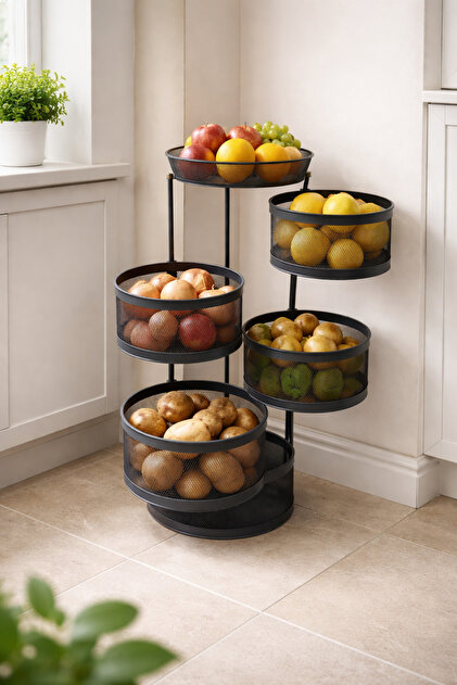 Venon SİYAH 5 Katlı 90 Cm x 35 Cm Çap Metal Sebzelik Meyvelik
