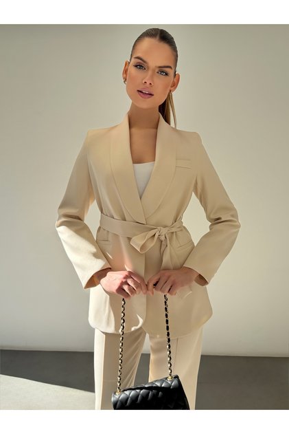 Tie-Up Shawl Collar Jacket Trousers Beige Suit
