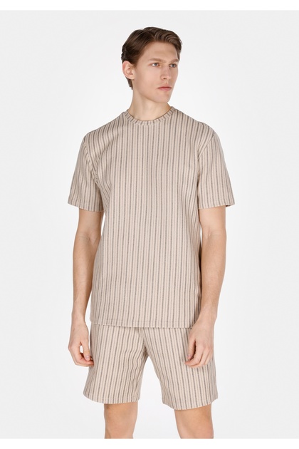 Comfort Fit Round Neck Striped Men's Beige Short Sleeve T-Shirt