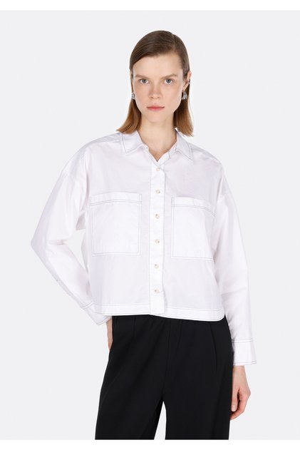 Regular Fit Shirt Neck Plain Women's White Long Sleeve Shirt