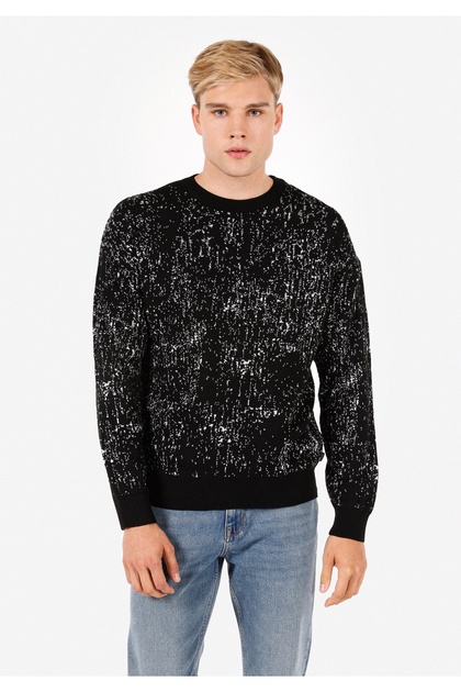 Regular Fit Round Neck Jacquard Men's Black Sweater