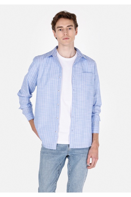 Regular Fit Shirt Neck Striped Men's Blue Long Sleeve Shirt