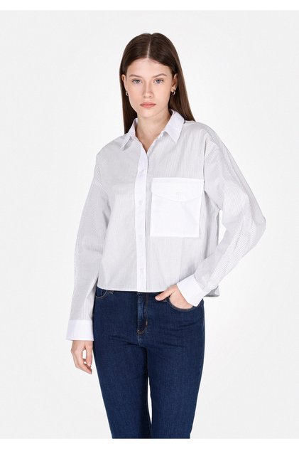 Regular Fit Shirt Neck Striped Women's Blue Long Sleeve Shirt