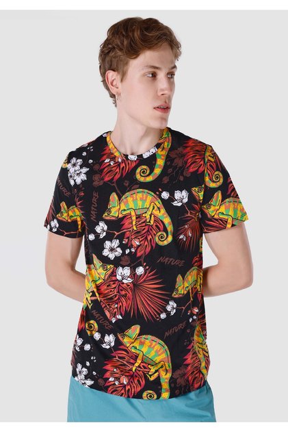 Regular Fit Knitted Round Neck Printed Pocketless Men's Multicolor Short Sleeve T-Shirt
