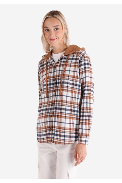 Regular Fit kariertes Damen-Langarmshirt mit Kapuze in Braun