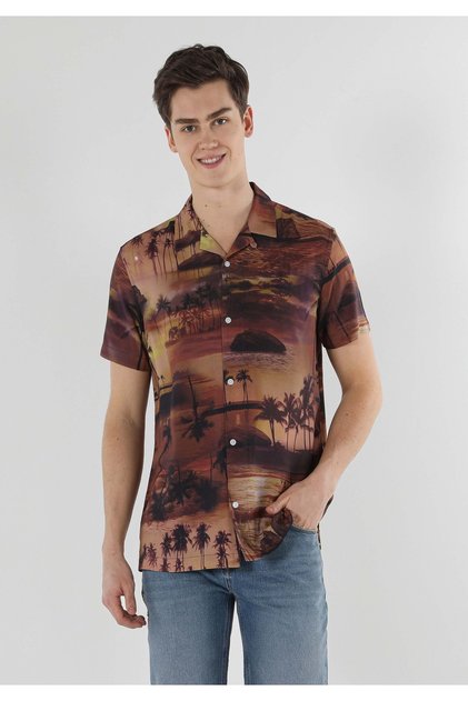 Regular Fit Shirt Neck Palm Tree Patterned Orange Men's Short Sleeve Shirt Cl1057831