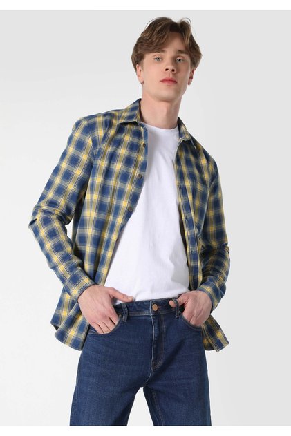 Slim Fit Shirt Neck Plaid Men's Blue Long Sleeve Shirt
