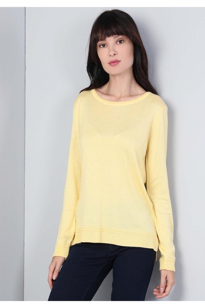 Regular Fit Crew Neck Women's Yellow Sweater Cl 1046444