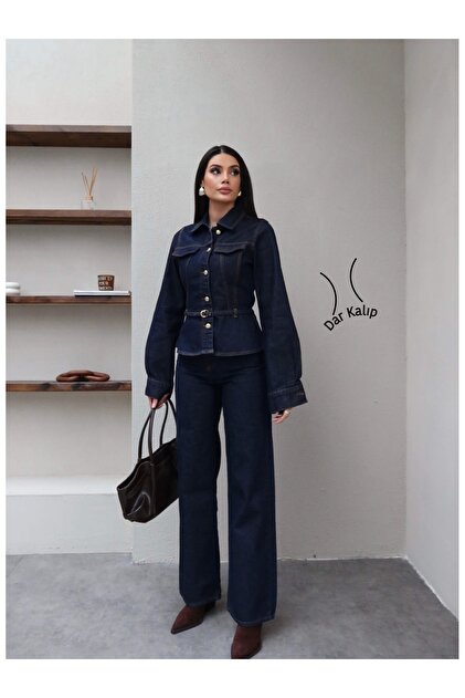 Set din denim cu jachetă și pantaloni, cu cordon