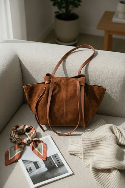 Kadın Hakiki Deri Shopper El ve Omuz Çantası Yorita Taba Süet