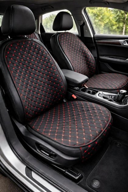 Anti-Sweat Car Cushion Set - Practical Installation - Seat Protection Cover - (with Pockets) 7 Pieces - Black-Red