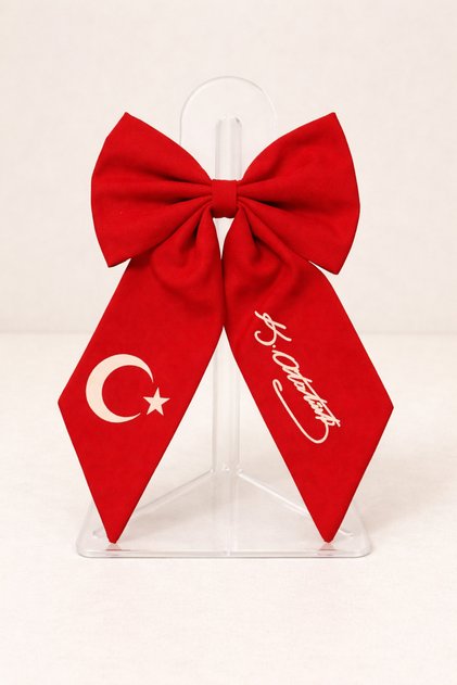 %100 El yapımı Türk Bayrağı Ve Atatürk Imza Motifli Kız Çocuk Fiyonk Tokası - 23nisan'a Özel -KUTULU