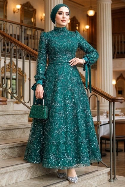 Neva Style - Sequin Beading Embroidered Emerald Green Hijab Evening Dress 4908Zy