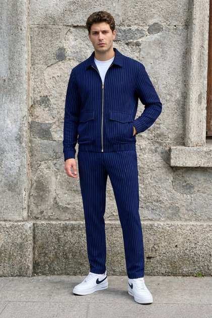 Striped Navy Blue Jacket and Pants Set