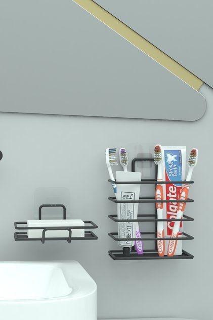 Yapışkanlı Metal Diş Fırçalık + Banyo Sabunluk 2li Set