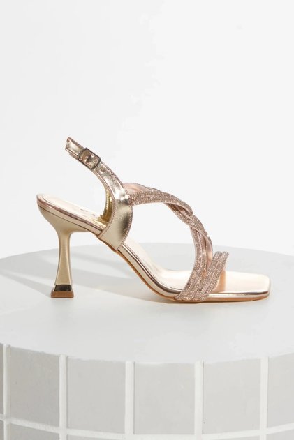 Women's Gold Metallic Ankle Adjustable Stylish Ivy Knit Detailed Evening Dress Shoes