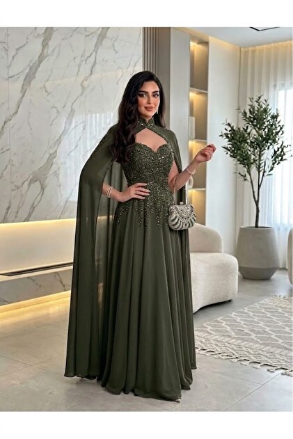 olive green cape dress Olive Green Sequin Abaya Dress