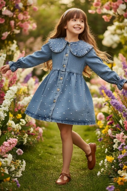 Girl's Pearl Eid Denim Dress