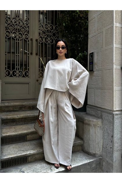 Linen Batwing Sleeve Relaxed Fit Blouse and Pants Set