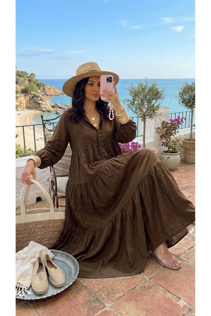V-Neck Half Placket Buttoned Elasticized Sleeve Hem Viscose Fabric Full Length Dress