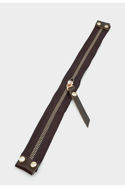 Stobu Brown Zipper Light Gold Metal with Real Leather