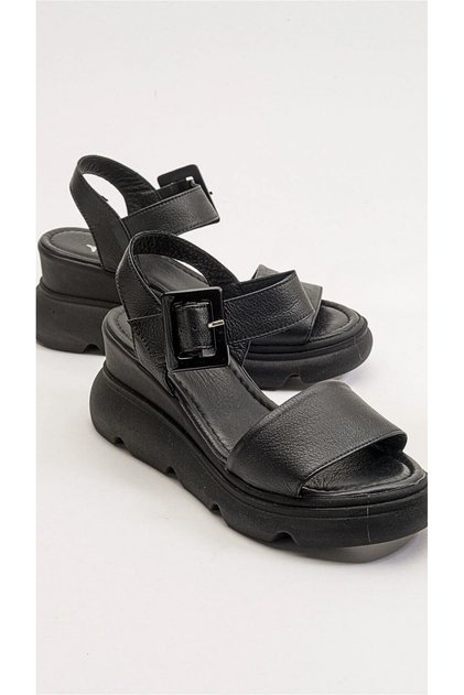 Ermani Women's Genuine Leather Wedge Heel Sandals Black