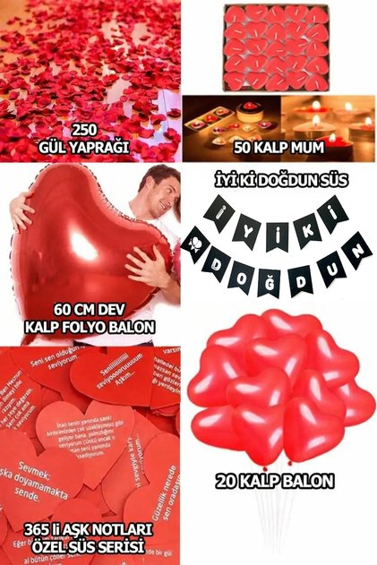 Sevgiliye Sürpriz Romantik Doğum Günü Süs Paketi (Yazı, Aşk Çeki, Kalp mum ve balon, Gül yaprağı)