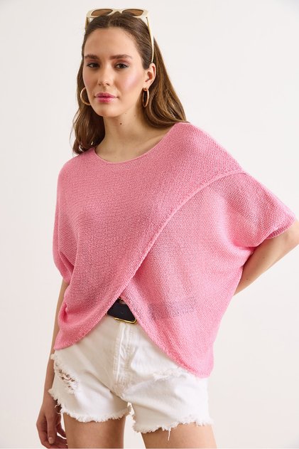 Women's Candy Pink Wrap-Front Mercerized Knitwear Blouse Blz-19003276