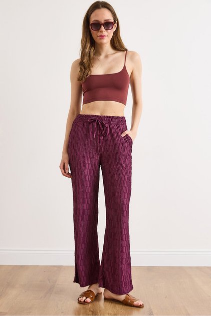 Women's Plum Color Elastic Waist Textured Flowy Wide Leg Pants Pnt-19000399