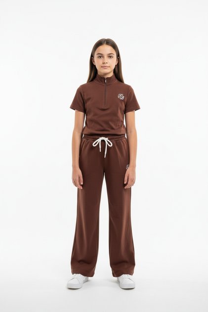 Girl's 2-Piece Set: Stand Collar Half-Zip Short Sleeve Embroidered T-Shirt & Elastic Waist Loose Pants