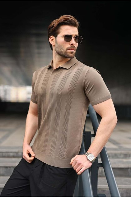 Light Brown Polo Collar Knitwear Men's T-Shirt E7469