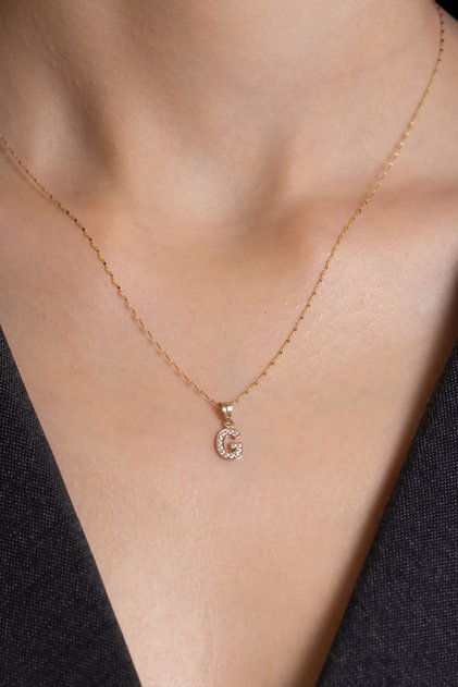 14 Ayar Altın Zirkon Taşlı G Harf Kolye