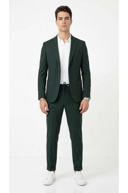 Pique Fabric Men's Suit with Jogger Pants – Single Button Slim Fit Combination with Pocket Pockets