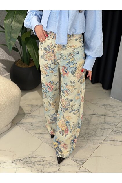 Çiçek Desenli Yüksek Bel Wide Leg Jean